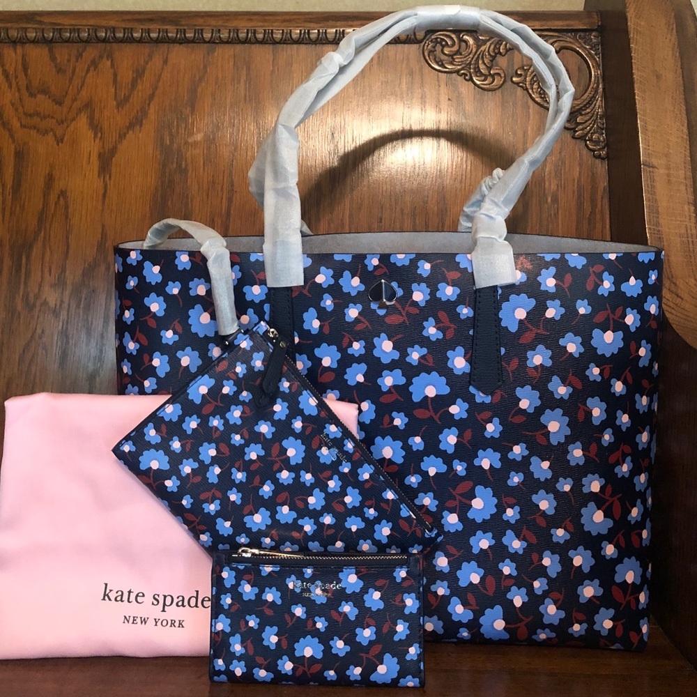 NWT-Kate Spade-Blazer Blue-Party Floral-Molly Tote, Zip Pouch & Bifold Wallet